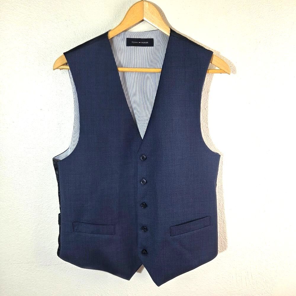 Tommy Hilfiger Mens M 100% Wool Suit Button Front Vest Navy Waistcoat